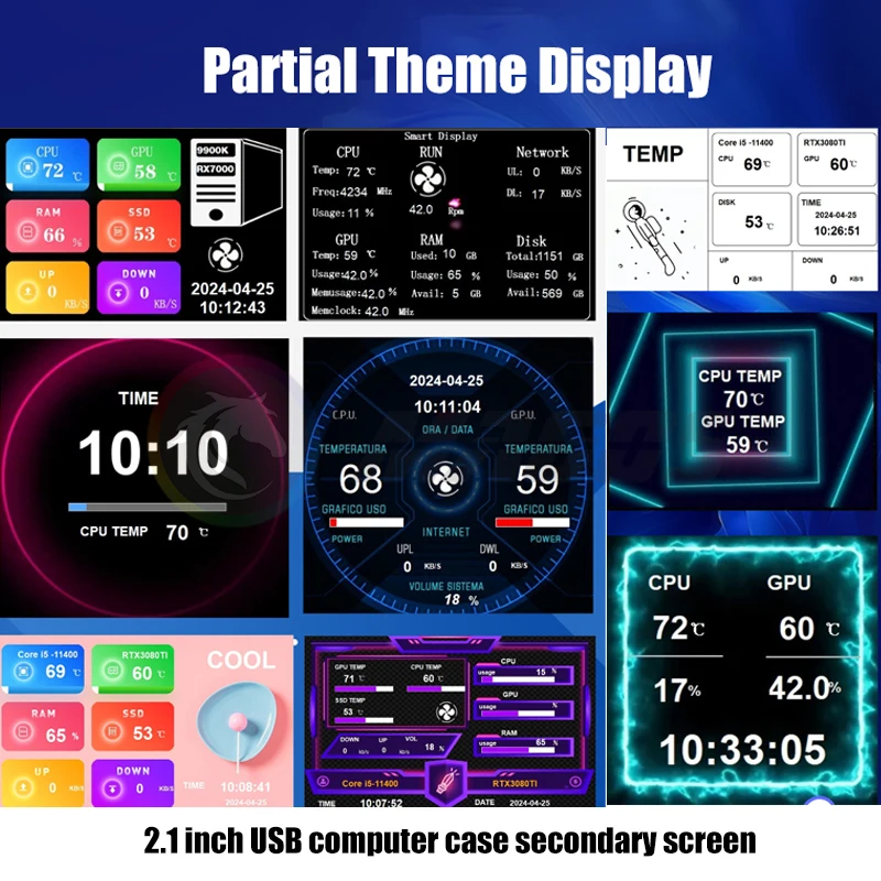 CPU Monitor Scrren 2.1 Inch For 120-360 Watercooler, PC Hardware Realtime Monitoring, USB Direct Freely Aida 64, Black Or Silver images - 6