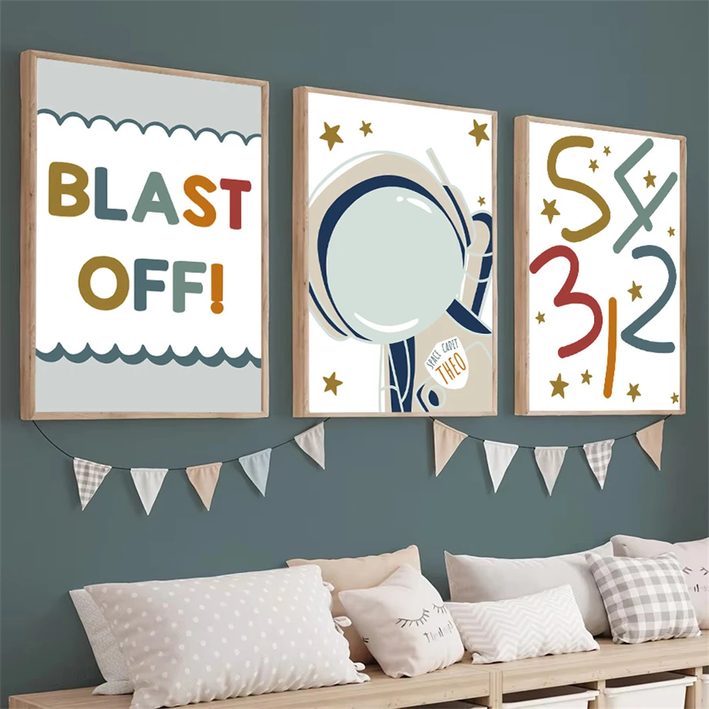 Blast Off Star Spaceman Cartoon Wall Art Canvas Painting Custom Name Posters And Prints Nordic Wall Pictures Kids Boy Room Decor