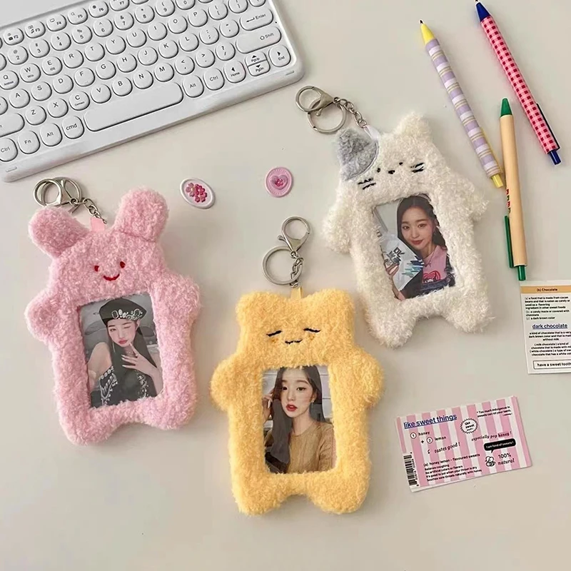 INS Cute Cat Rabbit Plush Photocard Holder Kpop Idol Photo Sleeve Protective Case Student ID Card Cover With Keychain Pendant