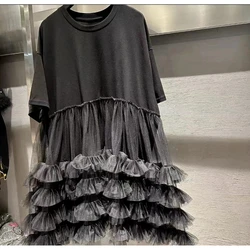 Original Design 2024 New Summer Ball Gown Dress Age Reduction Cute Mesh Splicing Ruffles Short Sleeve T-shirt Loose Casual Top