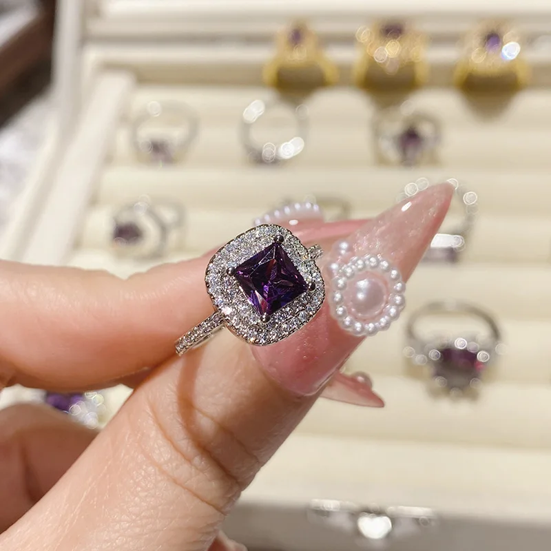 Amethyst Rings for Women Fine Jewelry Adjustable Sparkling Grape Purple Diamand Series Gold Plated Party Accessories