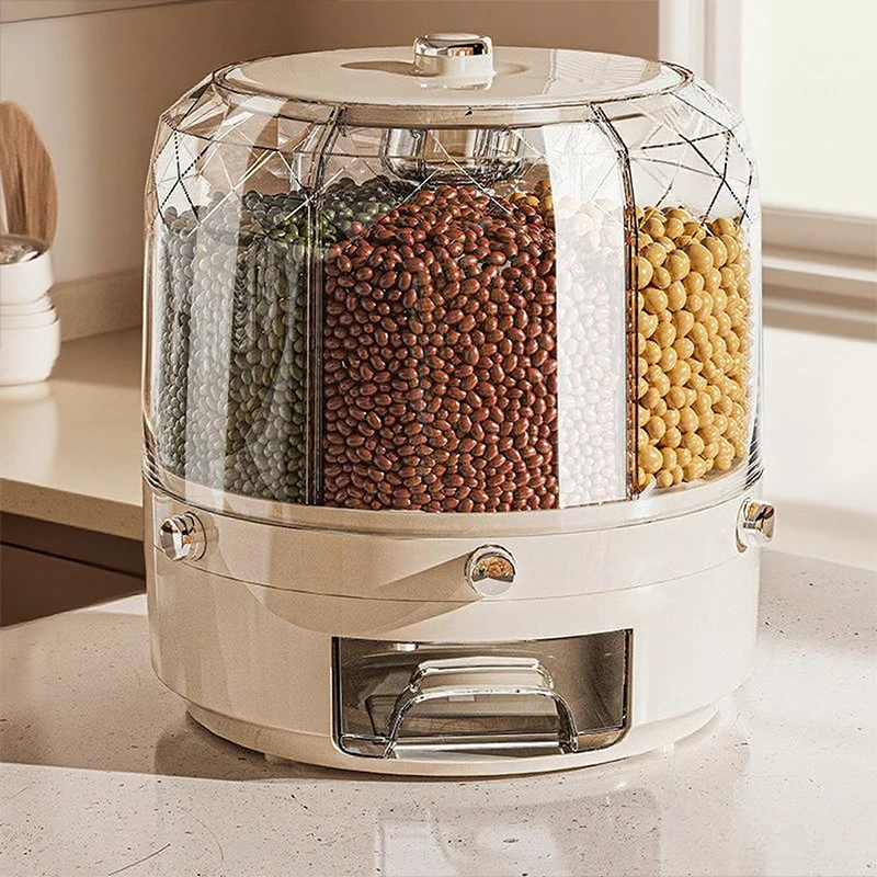 360度回転式6in1食品保存容器、密封ドライシリアル穀物バケツ、防湿キッチン収納ボックス