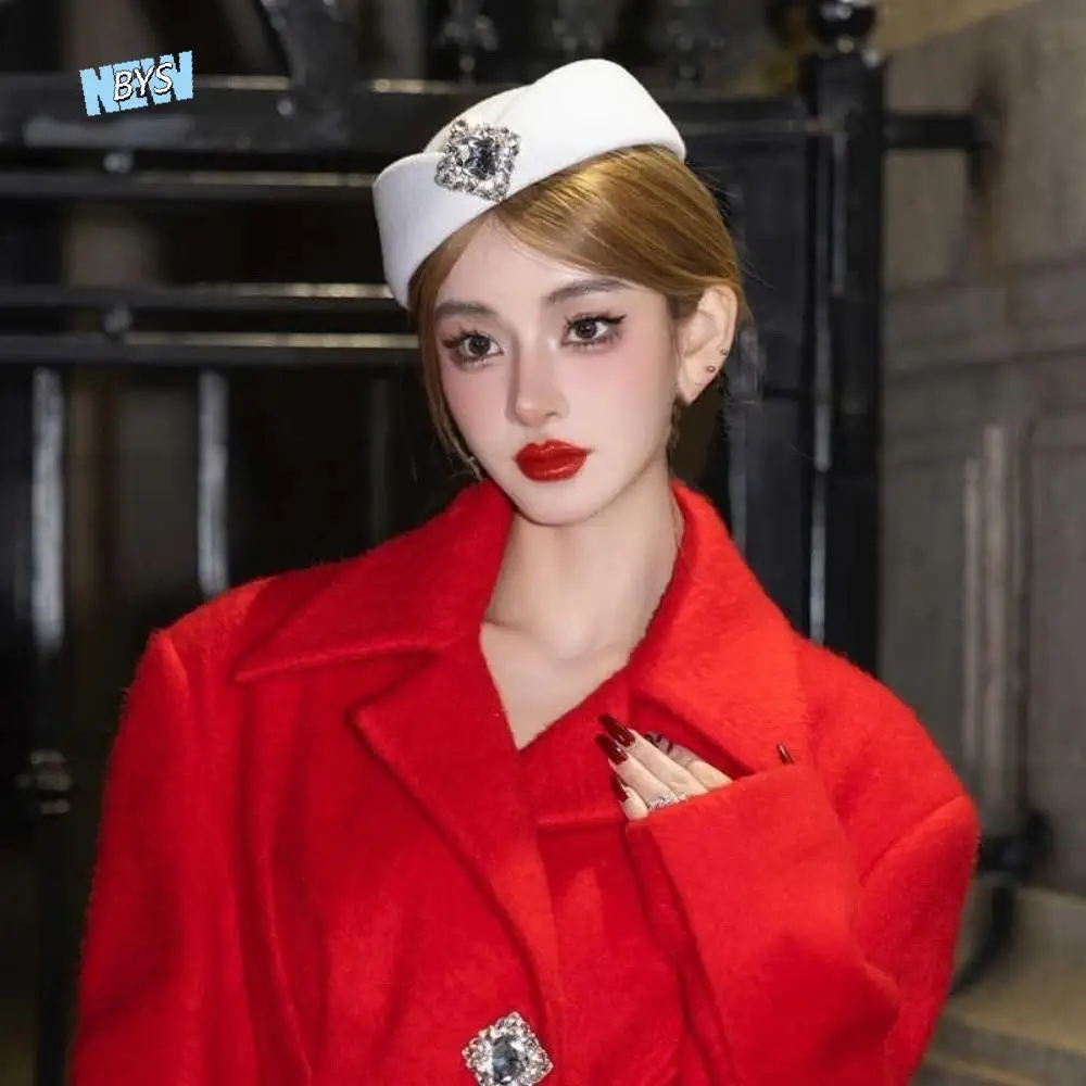 

Fashion Rhinestone Topper Hat Flat-top Black Wool Beret Hat White British Style Flight Attendant Hat Formal Events