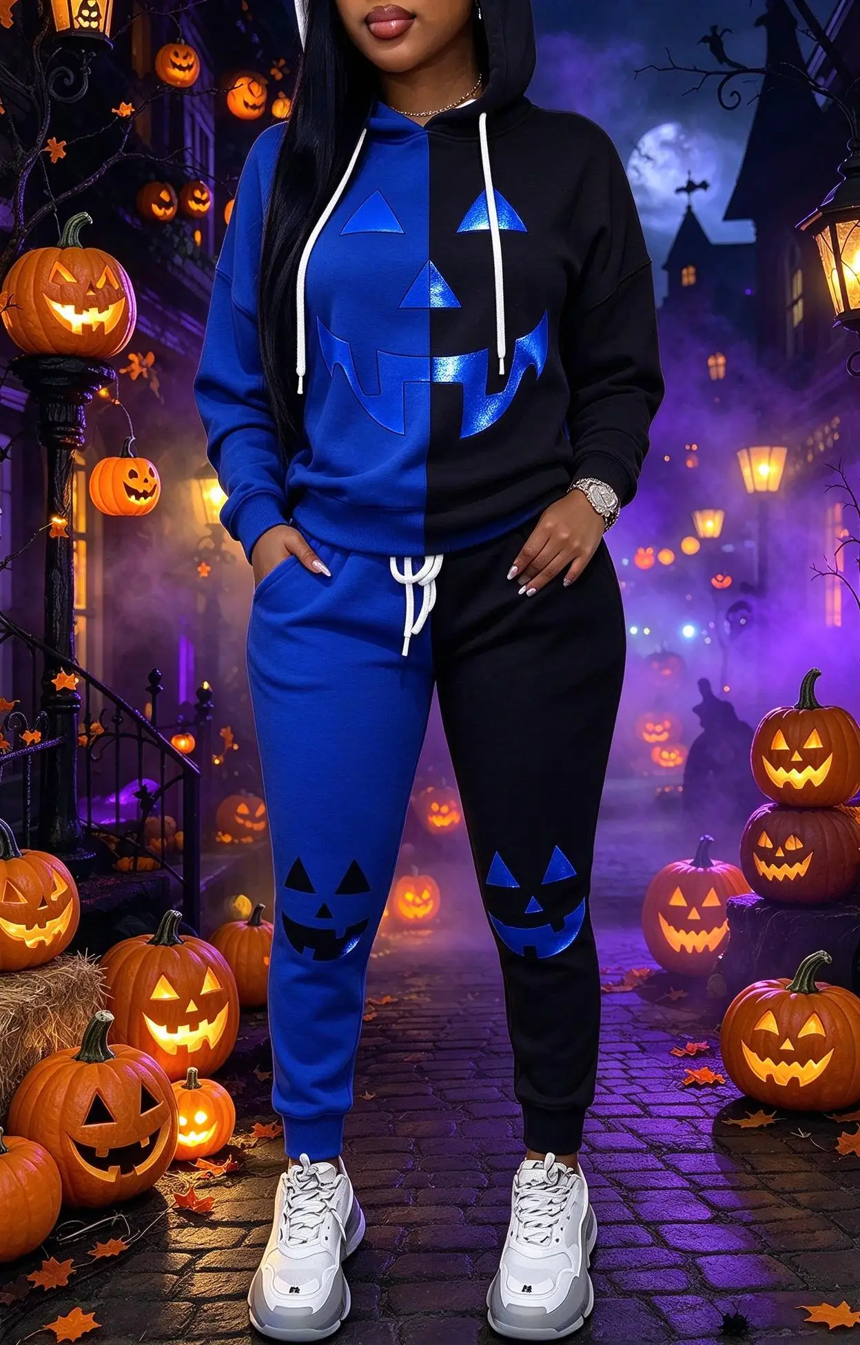 Women Halloween Color Block Hooded Tracksuit, Pumpkin Face Print Hoodie & Cuffed Jogger Pants 2 Piece Outfit view 4