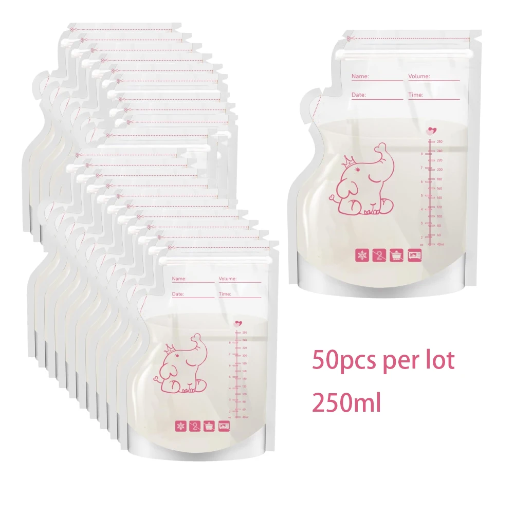 50pcs Breast Milk Storage Bags Pre Sterilized Leak Proof BPA Free Pouches Disposable Breastmilk Storage Pumping Freezing Elephan