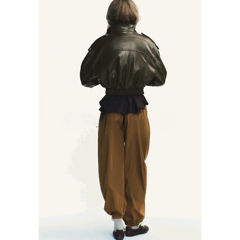 Automne femmes moto Sle ort Jaet avec ket PU cuir Long Sve col montant fermeture à glissière Faion vêtements d'extérieur