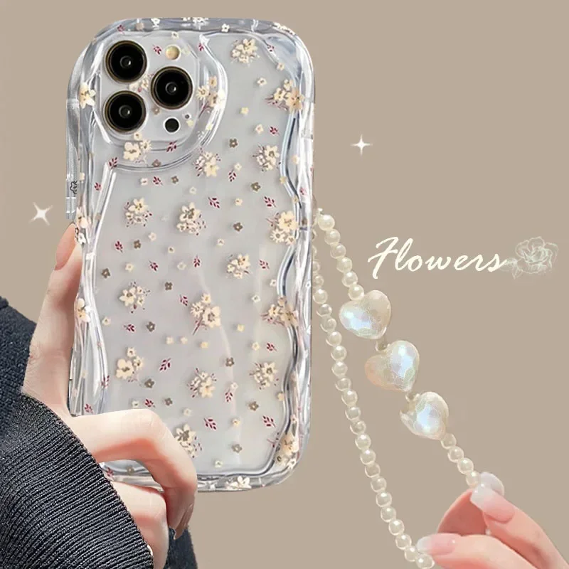 Funda de teléfono con cadena de perlas y flores 3D para Xiaomi Redmi Note 13 14 Pro Plus 5G 4G 8 11 10 9 12 Pro 12S 14C 13C 12C 10C A1 A2 A3