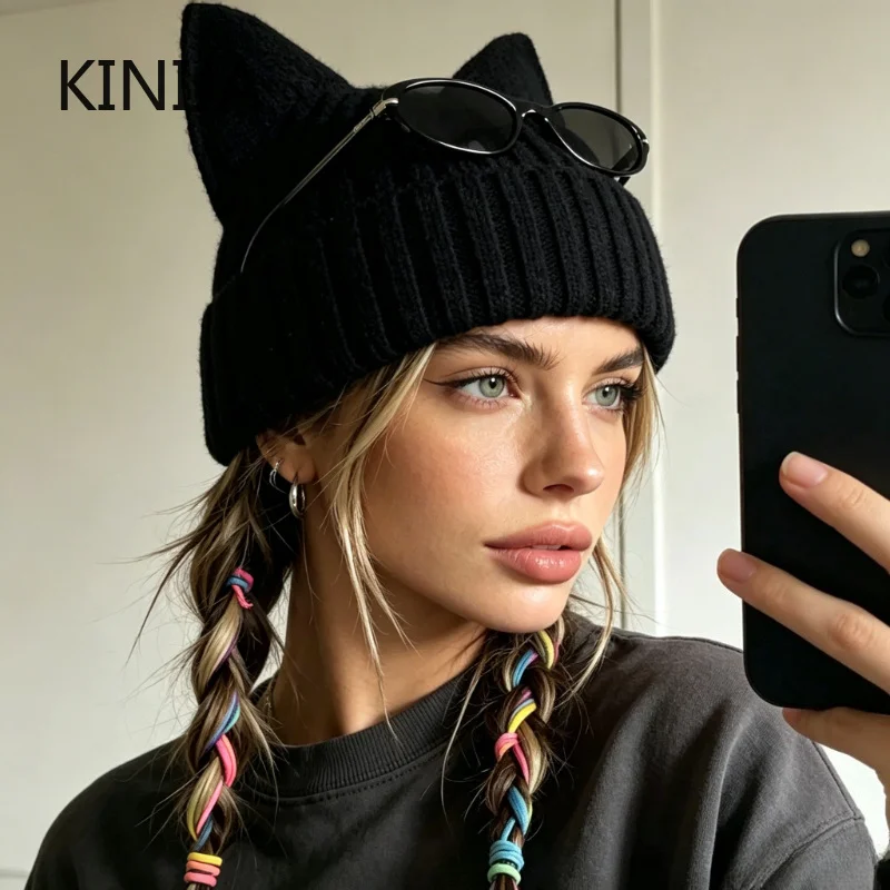 Cute Cat Ears Beanies for Women Autumn Winter Warm Ear Protection Sweet Versatile Pullover Knitted Hats Crochet Bucket Cap