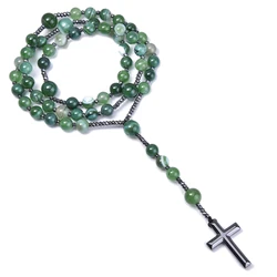 Natural Green Agate Catholic Christ Rosary Necklaces Bead Long for Women Men Hematite Cross Pendant Necklace Meditation