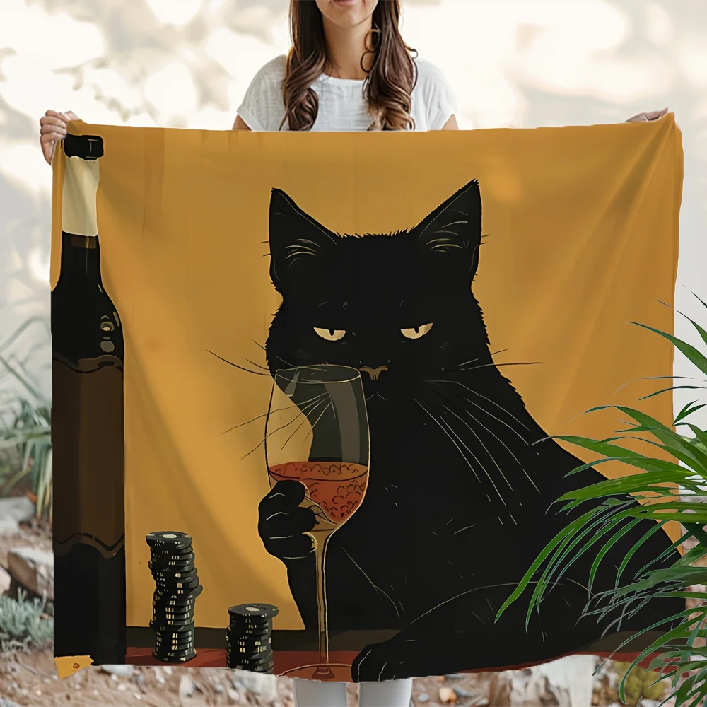 VIKAMA Retro Cool Black Cat Wine Tasting Tapestry Funny Illustration Style Cat Retro Style Vintage Decor Bohemian