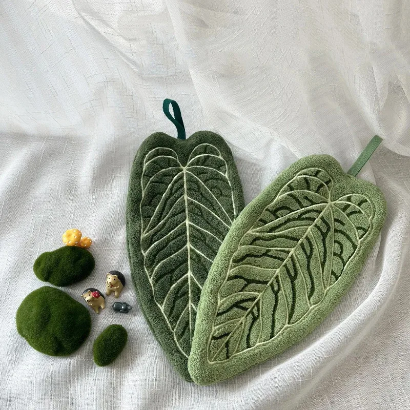 Handkerchief double-layer leaf-pattern towel, thick and absorbent hanging hand towel, drying cloth for kitchen, bathroom