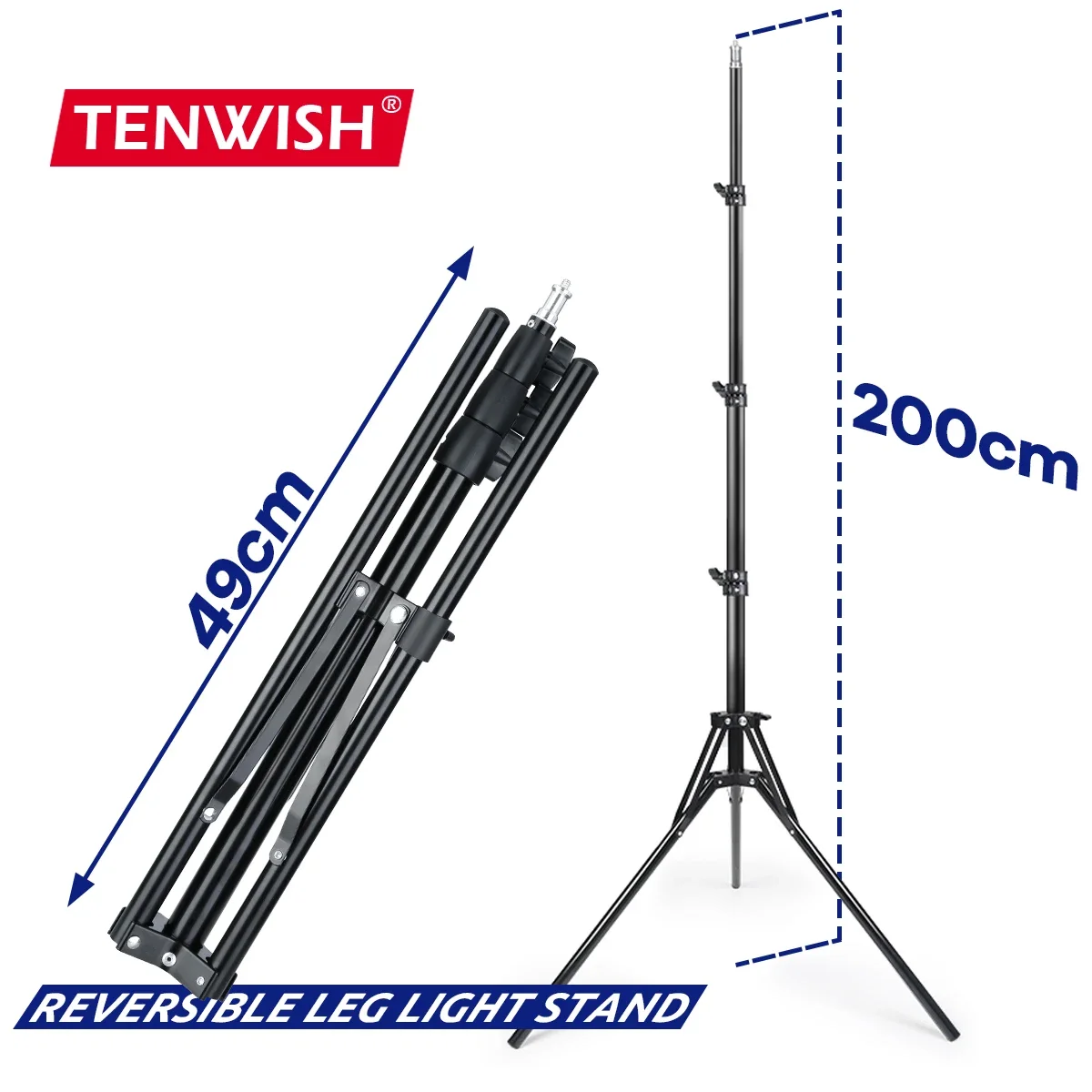 TENWISH 2 Meters 6.5\' Reversible Leg Light Stand Compact Portable Tripod for Photographic Studio Ring Lamp Youtuber Tiktok Live