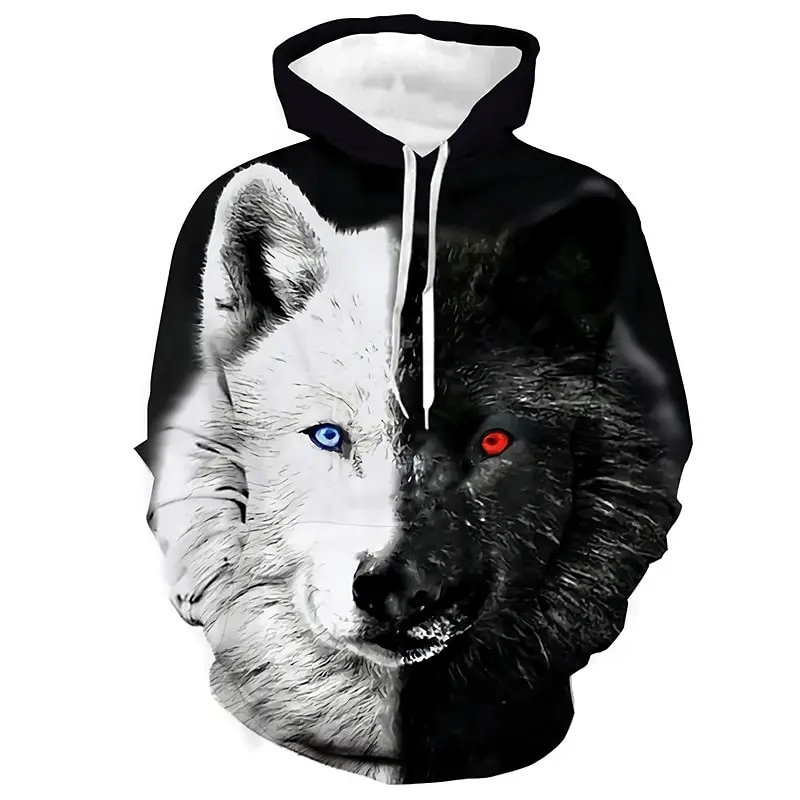 Moletom Masculino Engraçado com Estampa de Lobo 3D, Moda Animal, Suéter Oversized, Roupas Hip Hop y2k, Casual para Outono e Inverno