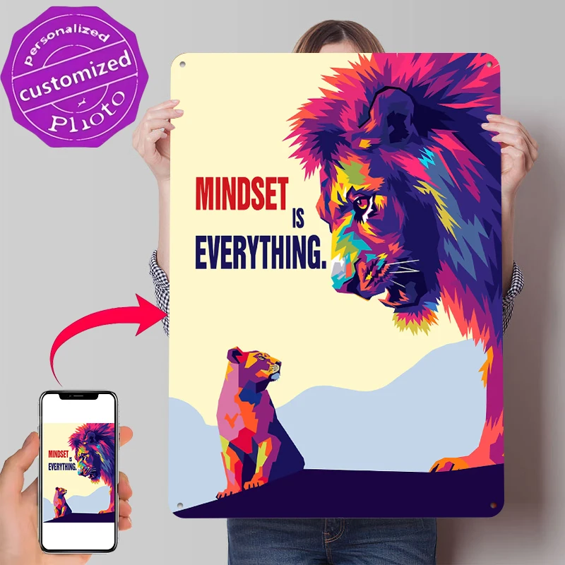 Mindset Is Everything: Lion and Cub Metal Poster Customized Wall Art Retro Vintage Metal Signs for Man Cave Bathroom Decor Room