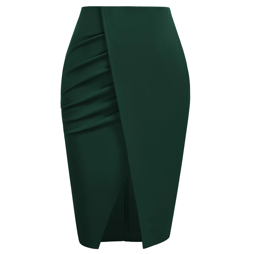 KK Women High Waist Below Knee Bodycon Skirt Wear To Work Pencil Skirts For Women Elastic High Waist Wrap Front OL Workwear A30