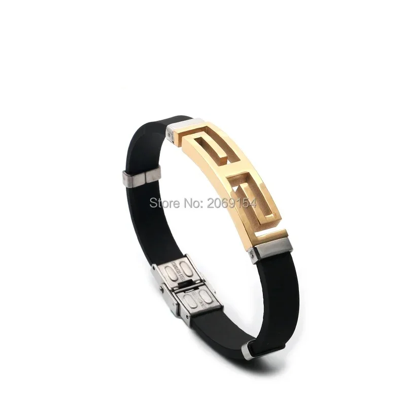 Loe | Men High Quality Black Bangle.New Fashion.Great Wall Pattern. Silicone Charm Party Gifts.21cm.Gold Color.Hip Hop