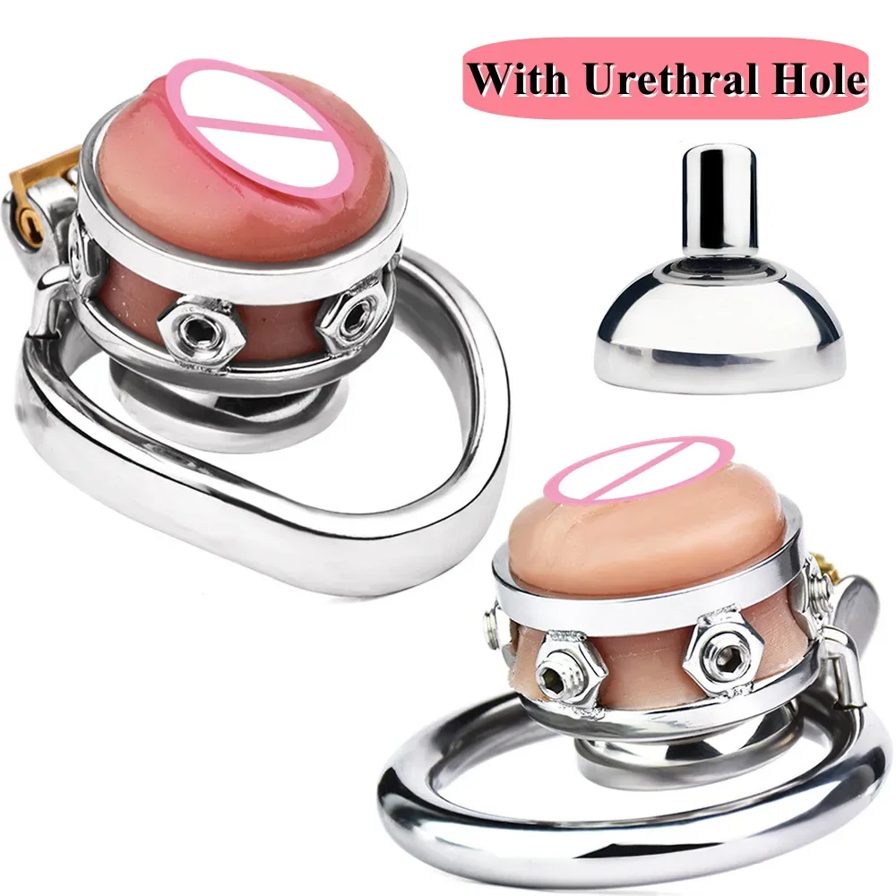 Sissy Simulation Vagina Chastity Cage with Urinal Tray Stainless Steel Cock Ring Male Mimic Female Pussy Dick Device Sexy Toys