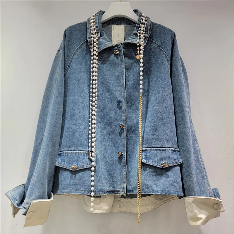 WTHT New Trendy Women's Pearl Chian Design Denim Jacket 2025 Spring Fashion Turn-down Collar  Long Sleeves Coat Female 1LS1085
