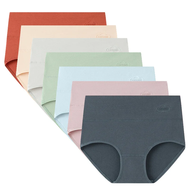 

7 шт./компл. женские трусики больших размеров из чистого хлопка, нижнее белье из чистого хлопка с принтом, трусы с высокой талией, однотонные женские трусы