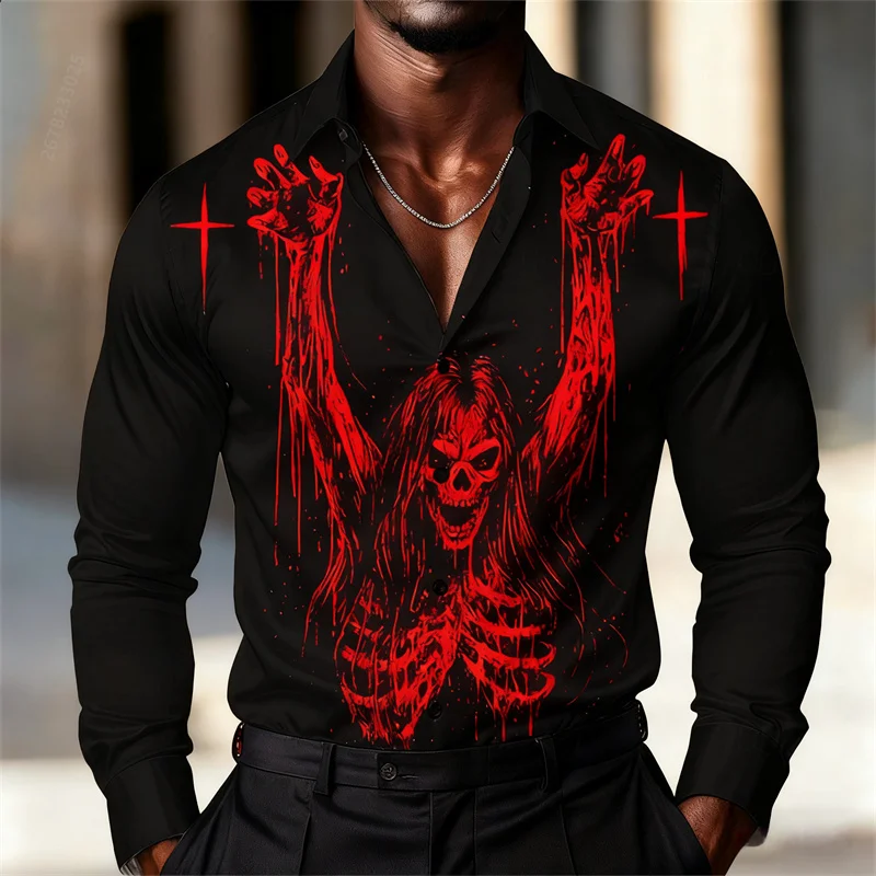 

Мужская рубашка с длинными рукавами и принтом черепа в темном стиле, тонкая повседневная рубашка в европейском и американском готическом стиле в стиле панк