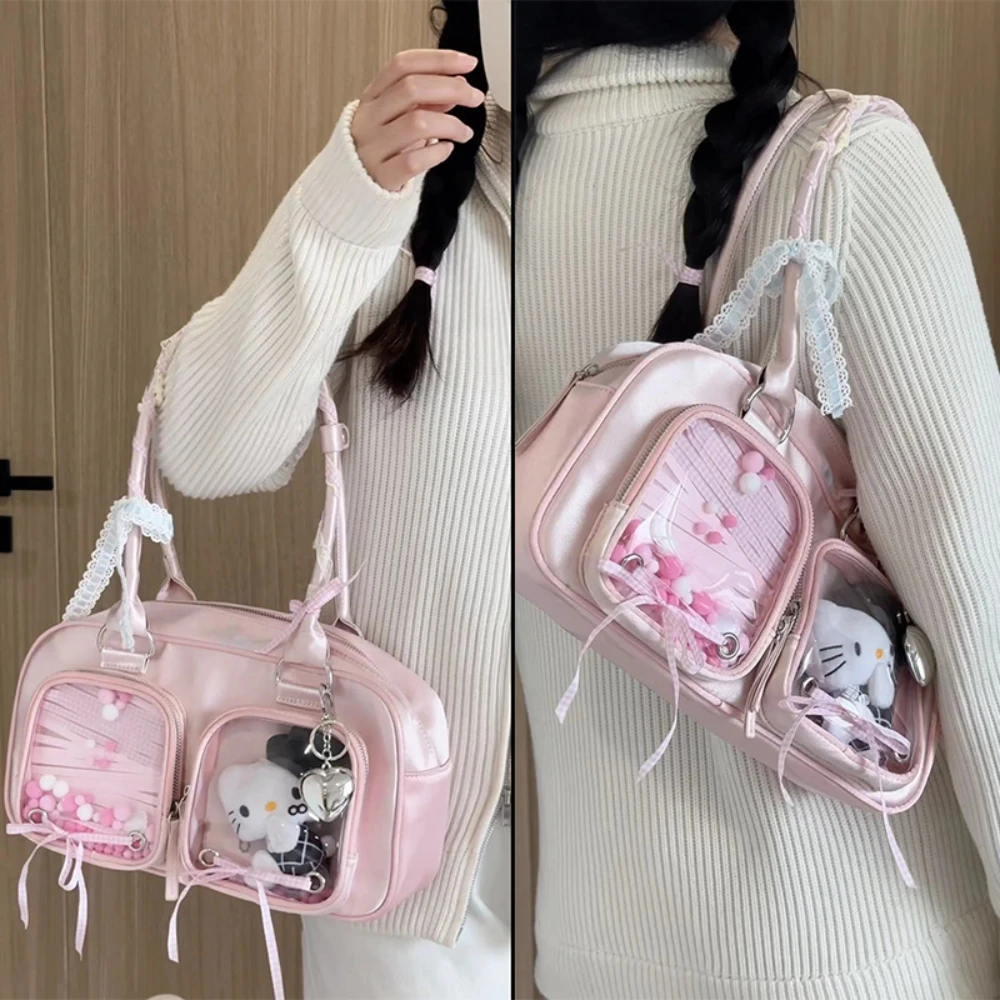 Sweet Lovely Silk Shoulder Bags Transparent Itabag Kawaii Commute Shoulder Women\'s Bag JK Uniform Handbags