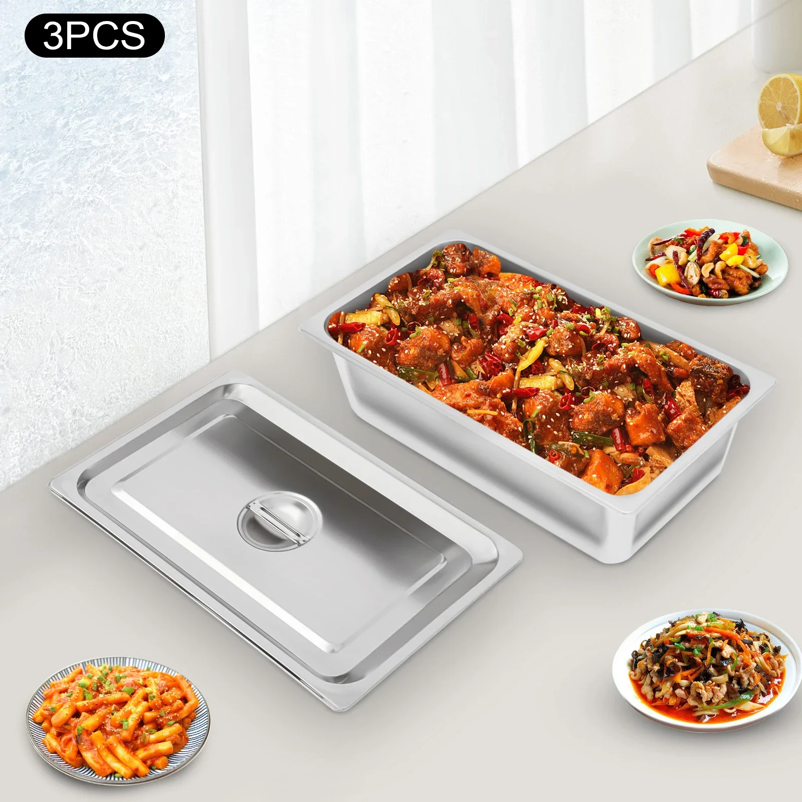 

11L Commercial Stainless Steel Steam Table Pans 3-Pack Dishwasher/Oven/Freezer Safe for Hotels & Catering (Silver)​