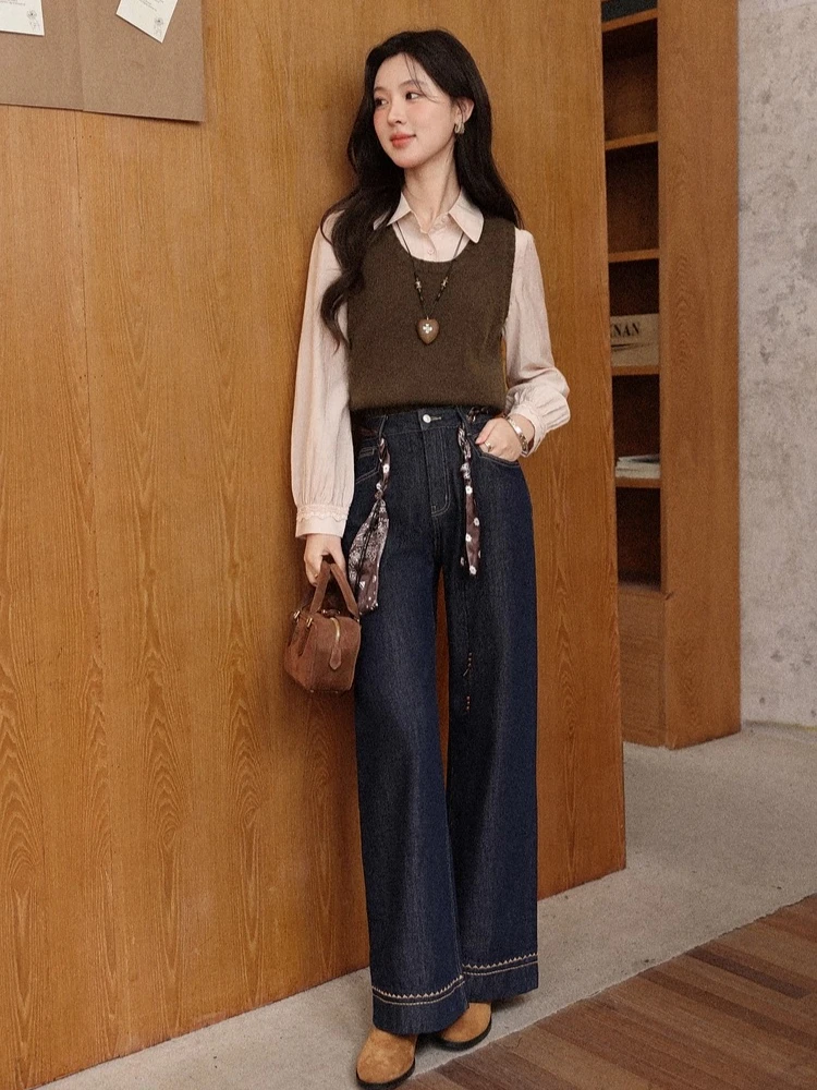 

ALXNAN Baggy Jeans Dark Blue Embroidery Silk Scarf Straight-leg Pants Autumn High Waistted Wide Loose Fit Woman's Jeans L57308