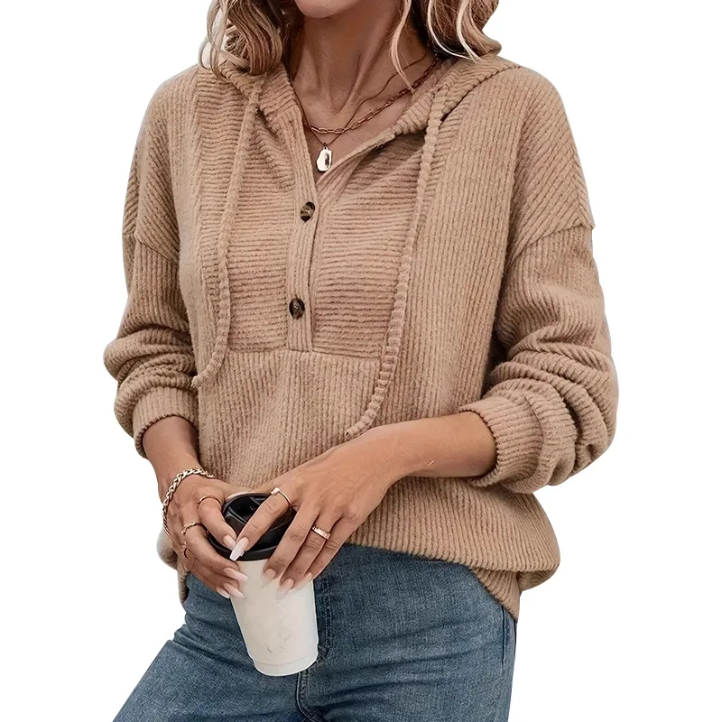 2026 New Fashion Hip-covering Button Sweatshirt Women Autumn Casual Loose Solid Color Lace-up Long-sleeved Home Hoodie For Women