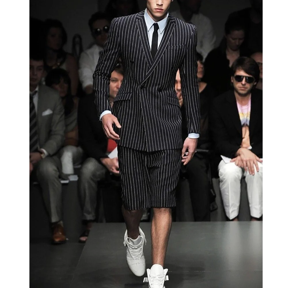 

High Street Men's Suit Black Striped Notch Lapel Outfit Double Breasted Jacket with Short Pants Model Show Fashion Blazer Set