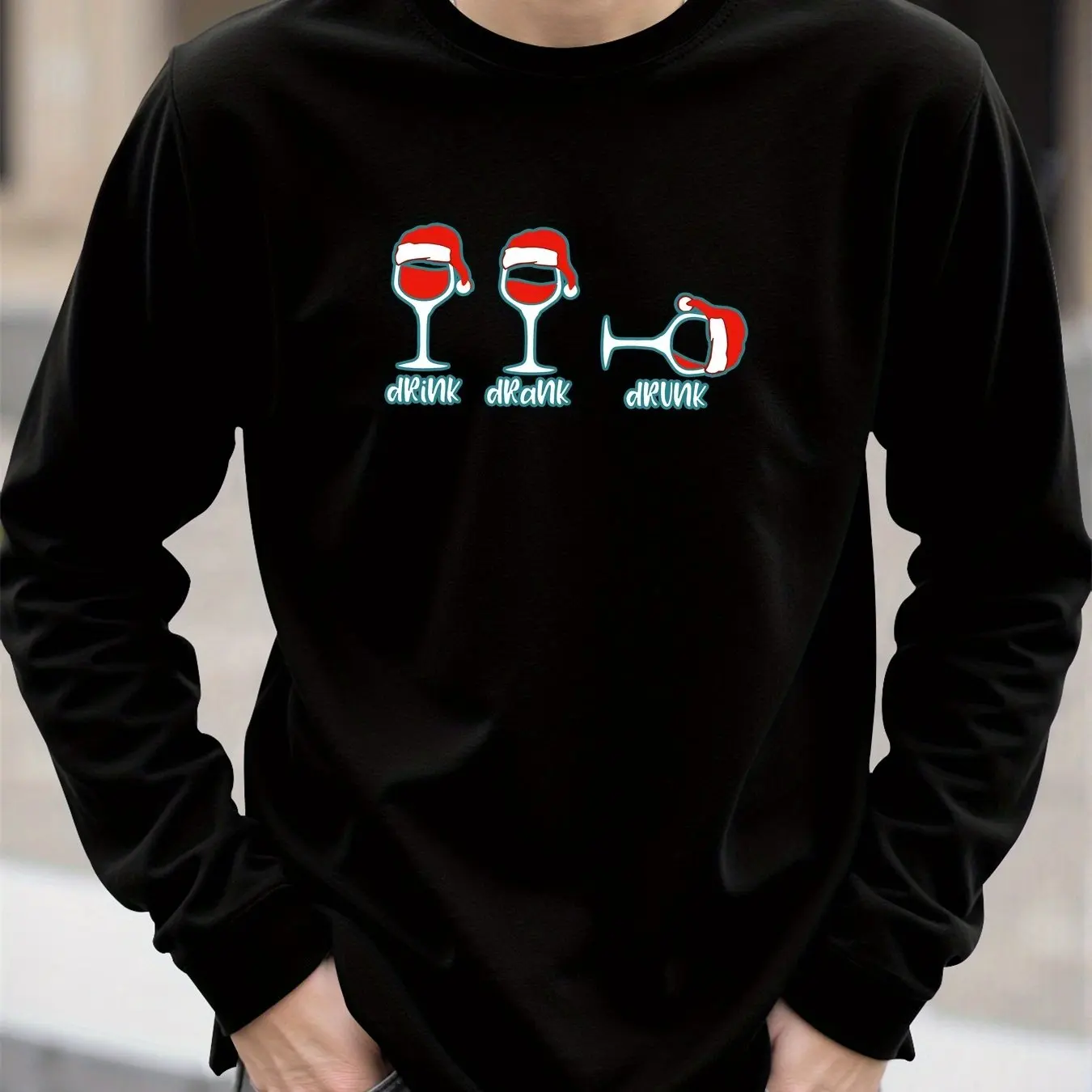 

Christmas Wine Glass Print Men's T-shirt Spring Autumn Casual O-neck Loose Long Sleeve Tops Fashion New Year Tees X'mas Clothing
