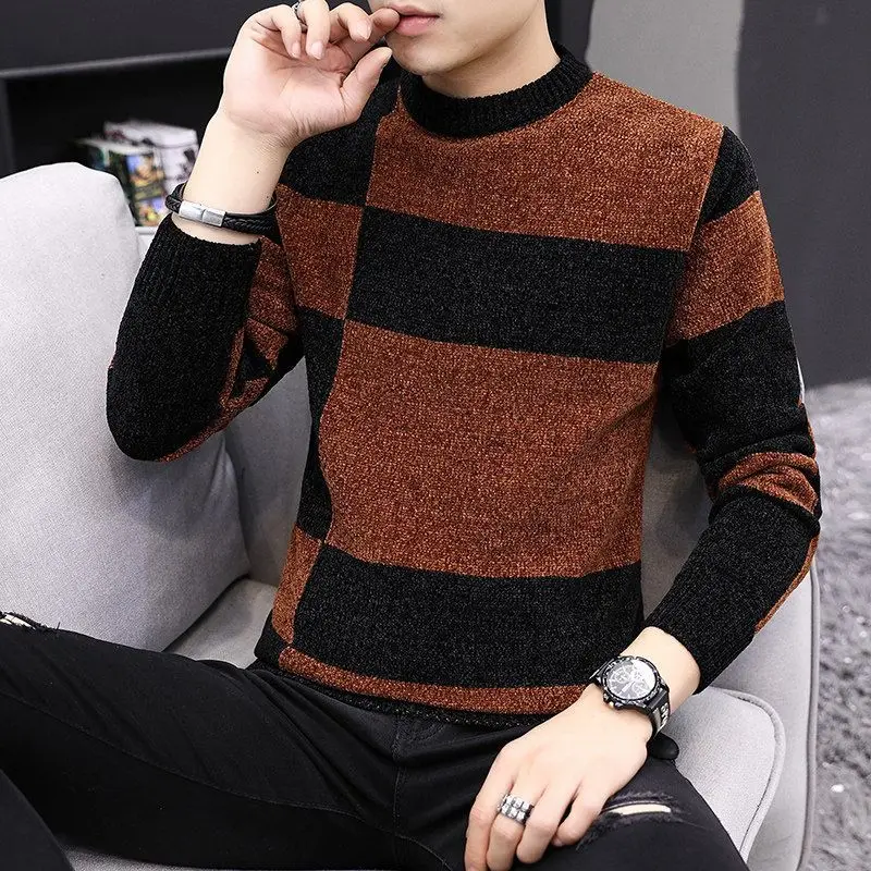 Contrasting Colors Spliced Pullovers Knitted Men's Clothing Korean Round Neck Autumn Winter Vintage Casual Long Sleeve Sweaters