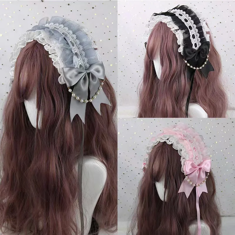 Koronki z falbankami chluba pałąk Weet Lolita Bowknot Maid stroik kobiety dziewczyny styl japoński Crisscross wstążka perły zroszony