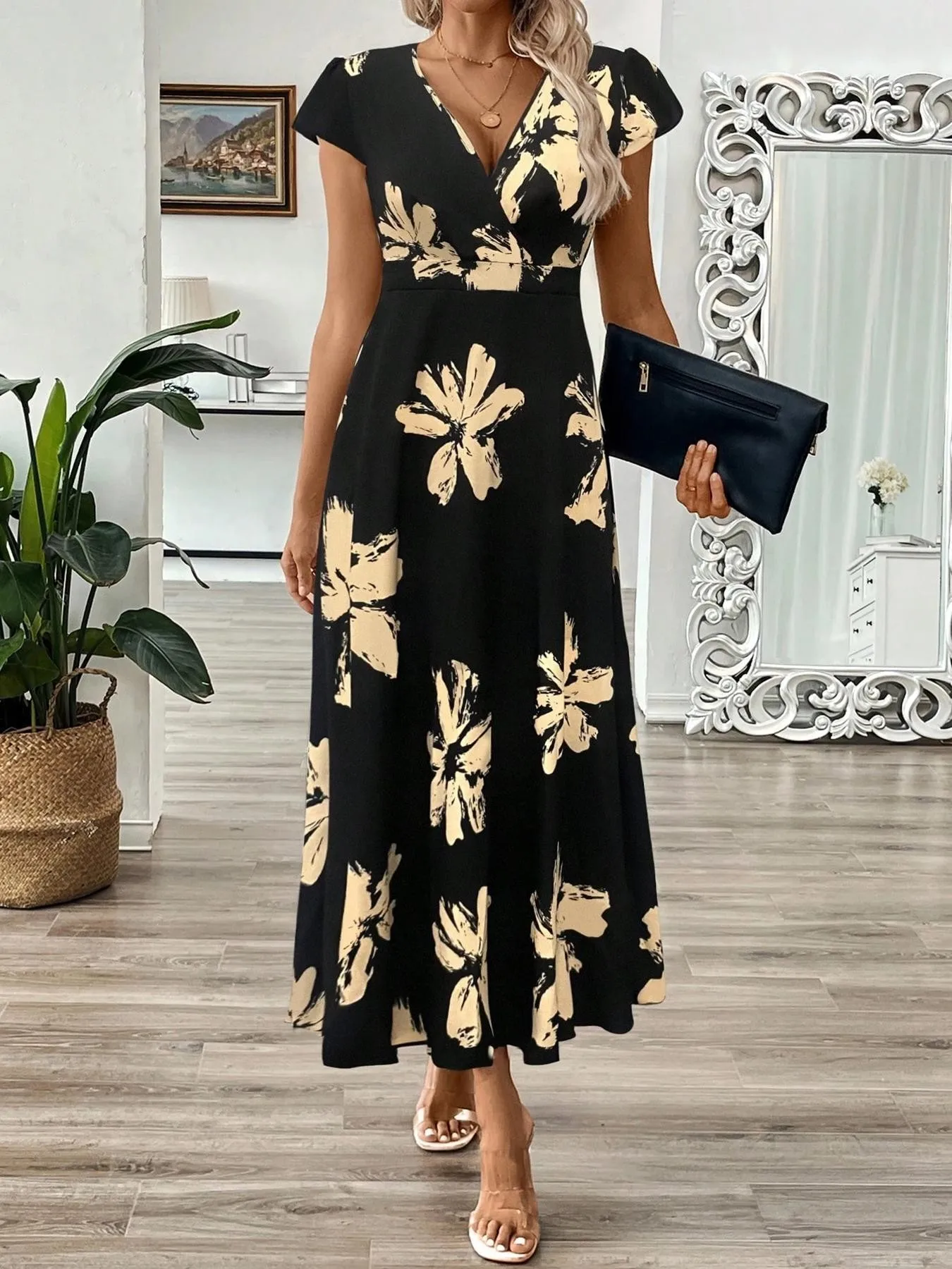 Elegant Party Dress Women's Floral Print Dresses High Waist A Line Maxi Dress Wrap Style Summer Dress Beige Black Print for