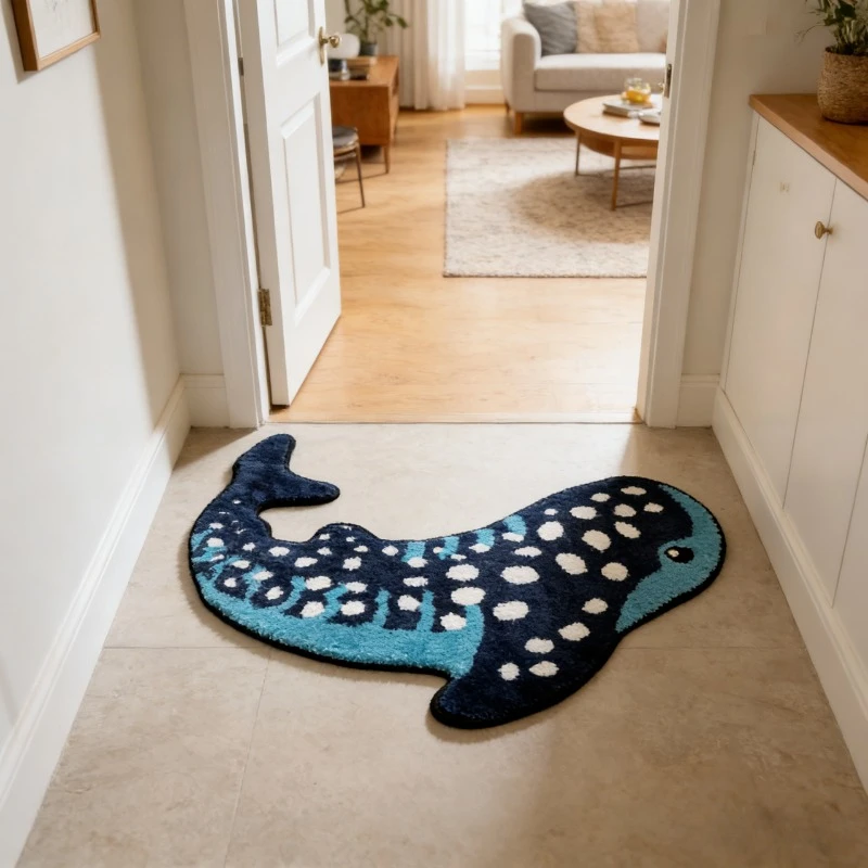 VIKAMA Cartoon Shark Floor Mat, Soft Fuzzy Bedroom Side Rug, Anti-slip Bathroom Door Mat, Home Decoration