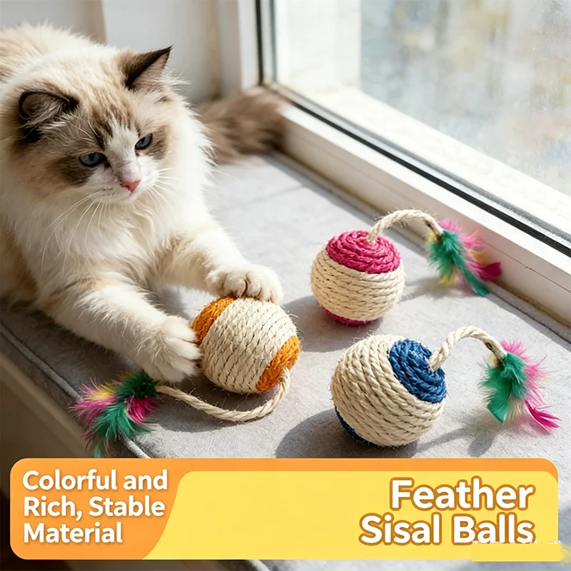 Pet Cat Toy Colorful Feather Sisal Shuttlecock Ball For Claw Grinding Interactive Play Fun Pet Supplies For Kitten And Cat