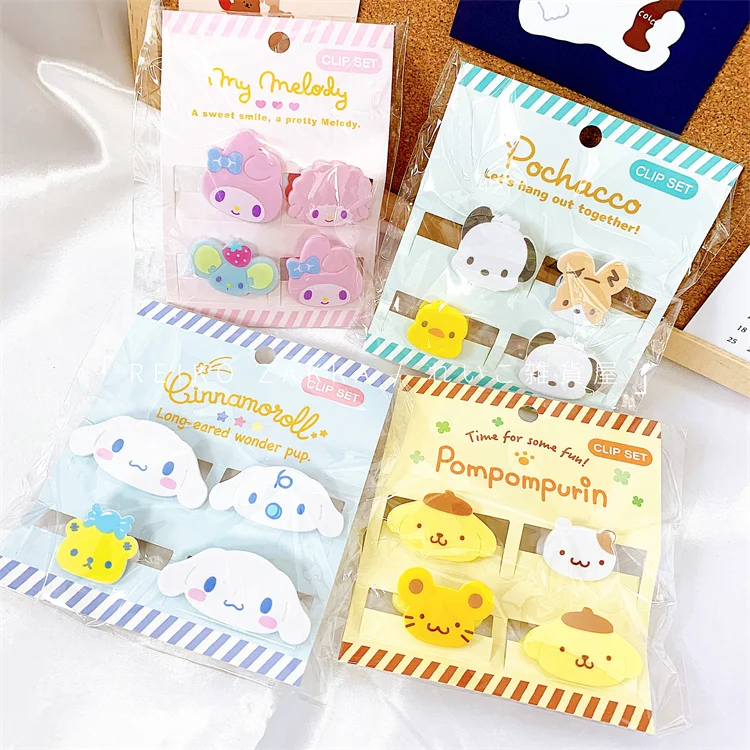 Sanrio Stationery Cartoon Plastic Billfold File Clip 4 Pcs Cinnamoroll Melody Kuromi Pochacco Kitty Organizer Clip Anime Toys