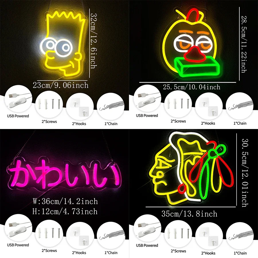 Used For Bedroom, Bar, Club, Game Room, Office Decor, Usb Powered，Animation Neon Sign, Japanese Characters And Cartoon Icons,