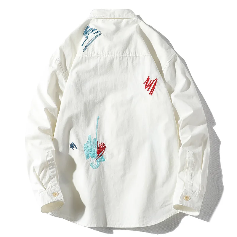 Creative Embroidery Graffiti Pattern Casual White Shirt for Men 100% Cotton Loose Casual Long Sleeve Korean Style Lapel Blouses