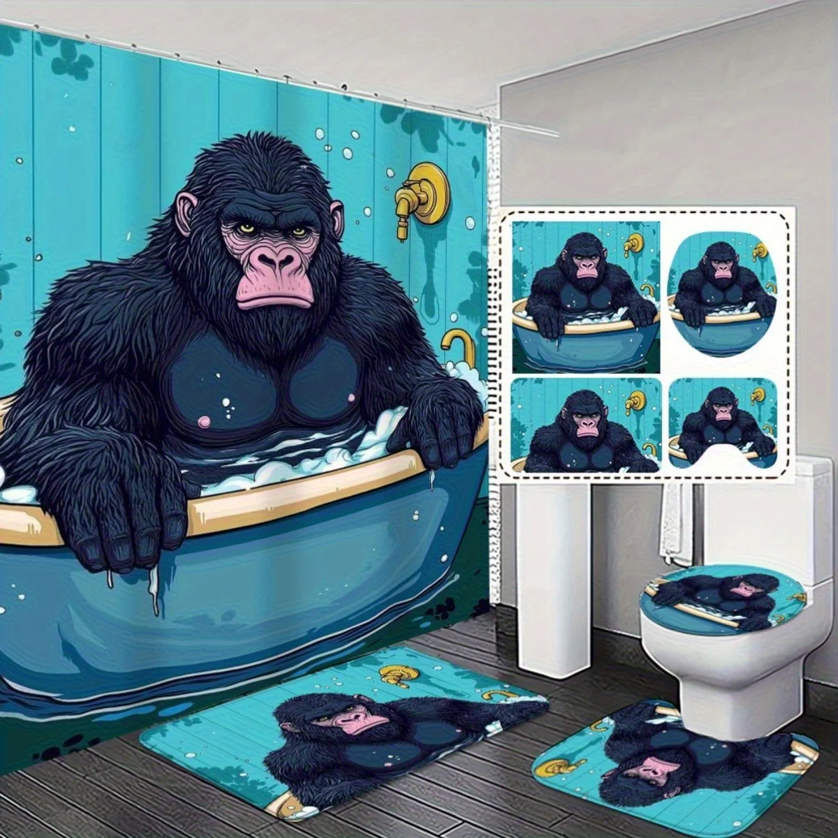 

4pcs. Fun Retro Gorilla Bathroom Set - Shower Curtain & Non-Slip Bath Mats with Playful Gorilla Design, Quick-Dry & Machine