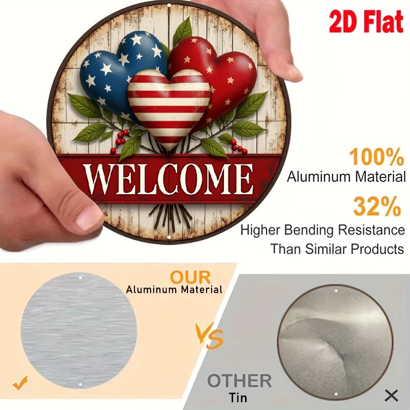 2D Flat, 1 Pack Vintage Patriotic Heart Metal Wall Decor - 8-Inch Flag & USA Map Heart, Waterproof Fade-Resistant Door Porch Bar