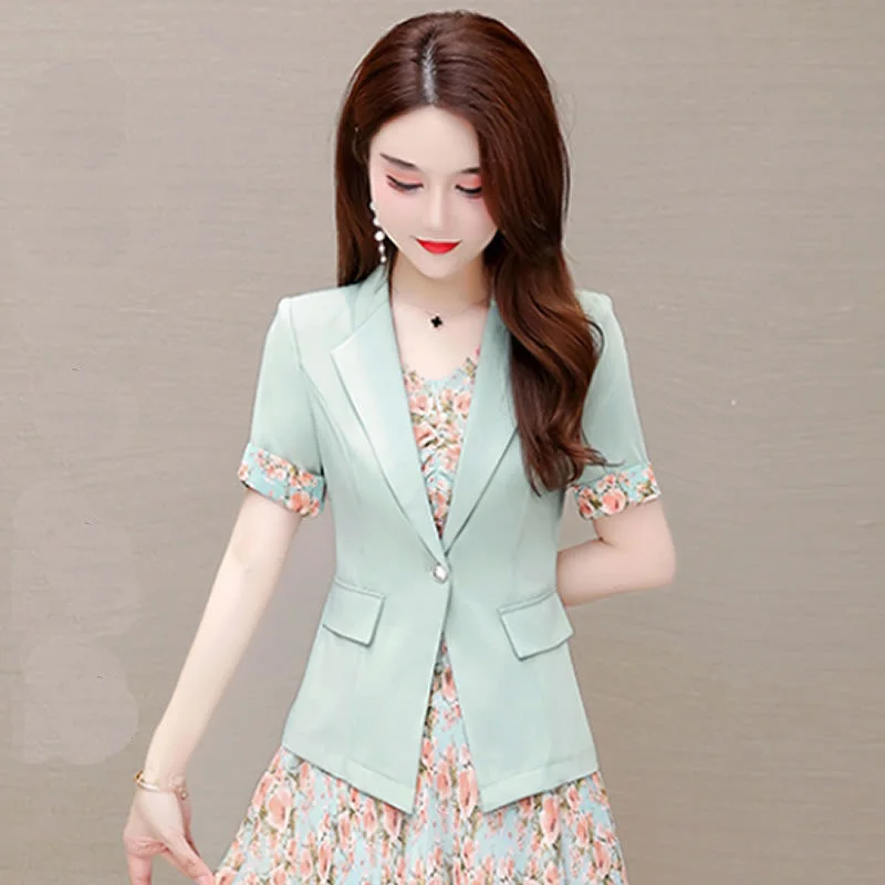 Summer Flared Short Sleeve Jacket Blazer Retro Print Dress Two Piece Elegant Women\'s Dress Set Casual Outfits