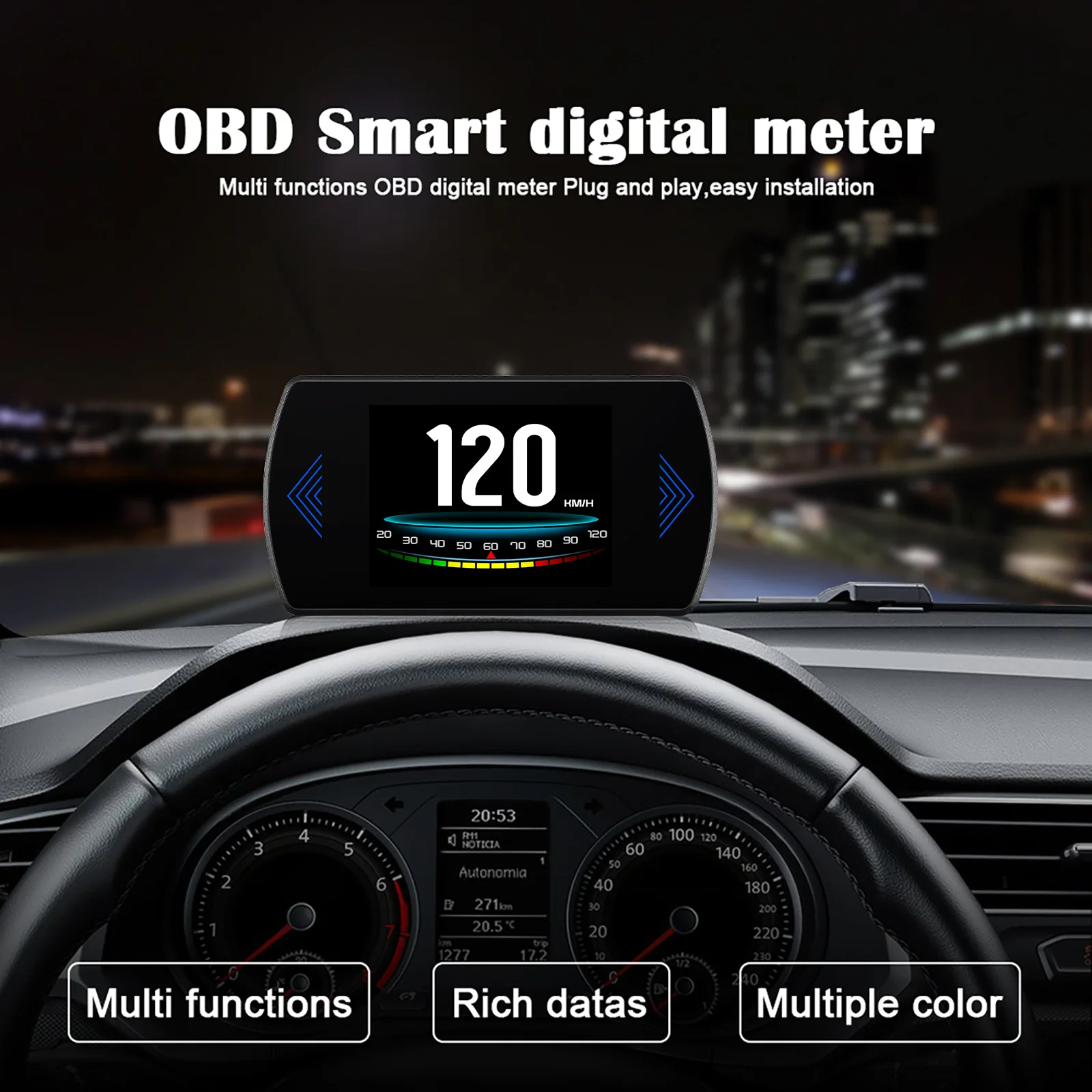 AD P12S OBD2 HUD Head Up Display Smart Digital Speed Gauge On-Board Computer Tachometer Speedometer ECT Water Temperature Oil