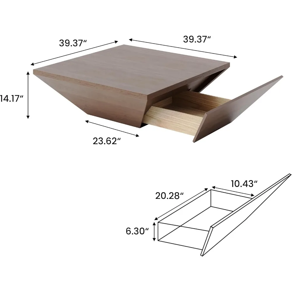 Tavolini da caffè moderni POVISON per soggiorno, tavolino quadrato con contenitore, tavolino da caffè in legno con cassetti, noce da 39.4"