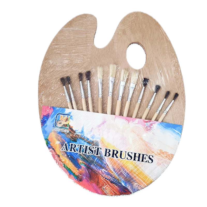 12 pig hair set paintbrush Wooden palette Oil painting Oval Wood art painting palette