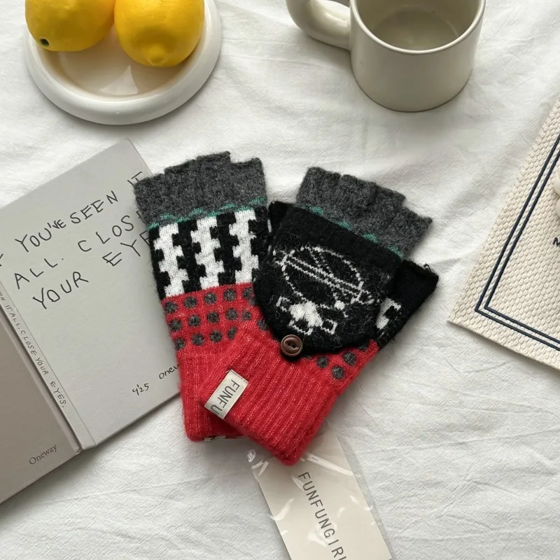 Korean Style Ins Wind Small Audience Design Sense  Pattern Knitted Flip Cover Two Use Warmth Gloves All Match
