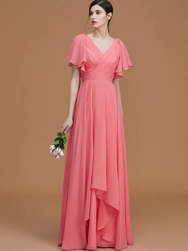 

Long Chiffon V-Neck Ruffled Bridesmaid Dresses A-Line Watermelon Pleats Floor Length Zipper Back Wedding Guest Gowns for Women