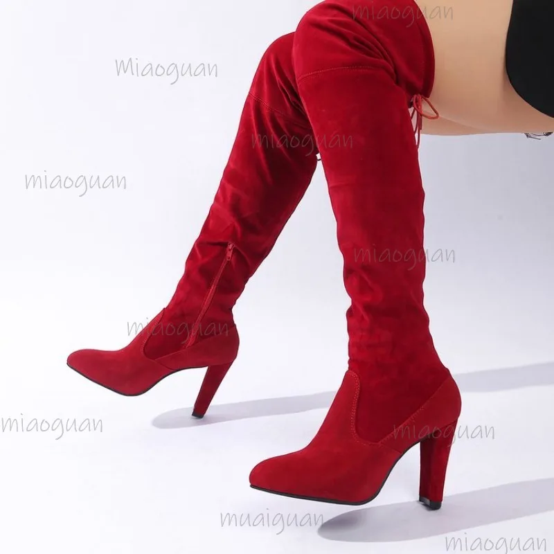 Side Zipper Over The Knee Boots Sexy Pointed Toe Suede High Heel Modern Boots Size 35 43 Botas Largas Mujer Black Gray Red Botas