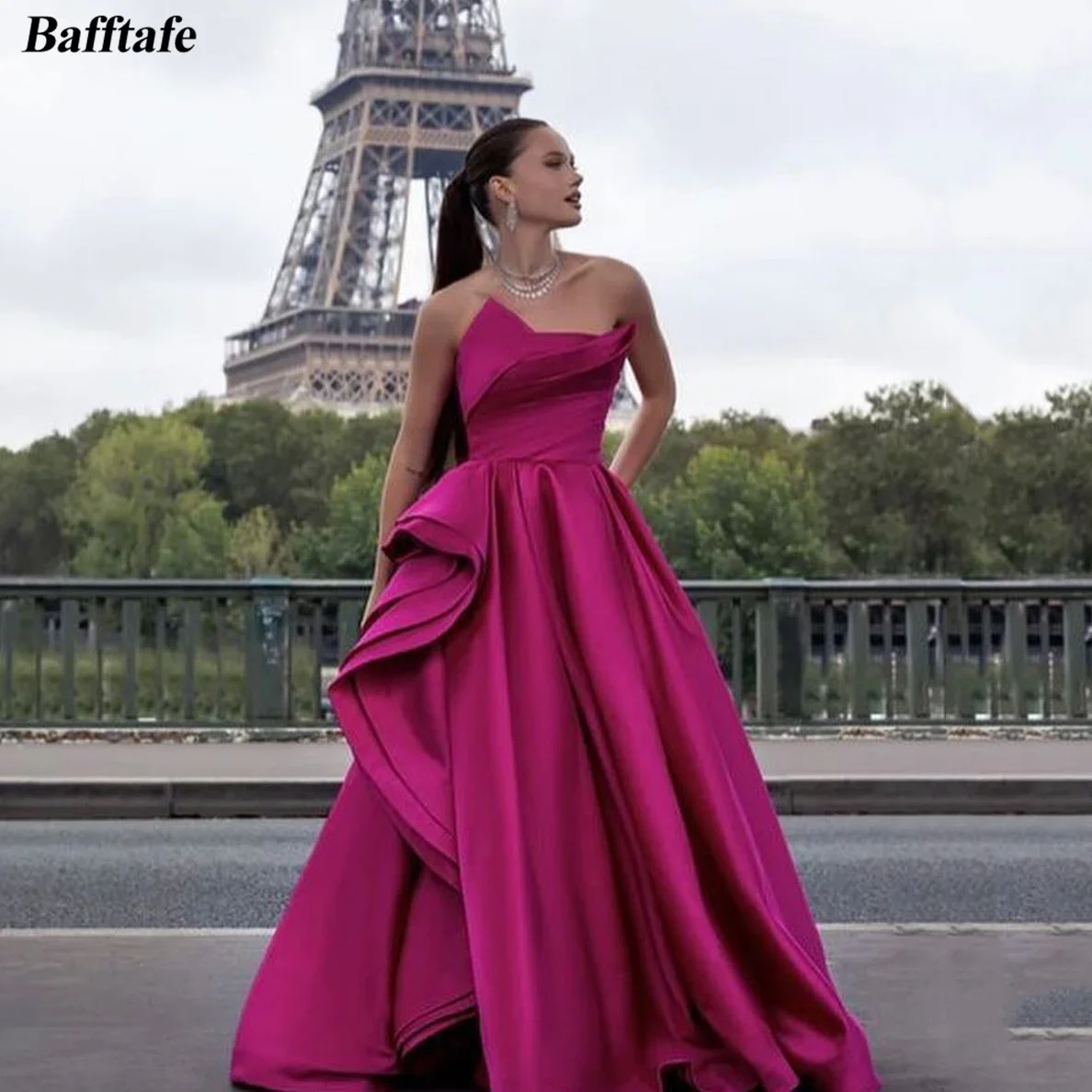 Bafftafe A Line Satin Women Prom Dresses Draped Formal Evening Gowns Floor Length Specail Party Celebrity Dress Customized