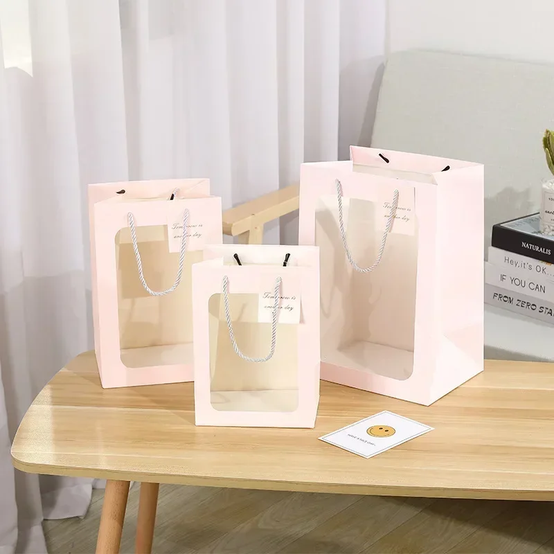 12pcs Single Sided Transparent Holiday Gift Flower Handbag Hand Gift Box Packaging Paper Bag Doll Gift Handheld Paper Pouch