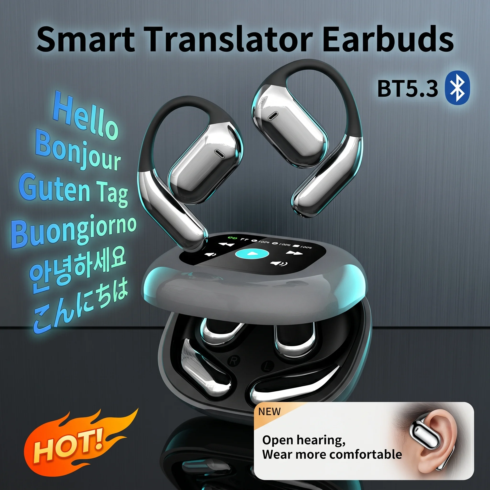 AI Language Translation Earbuds Real Time LCD Touch Screen Open Ear Wireless Headphone with 144 Language for Business